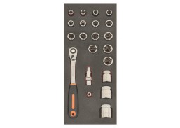 Darbo įrankiai. Mechaniniai įrankiai. Raktų ir galvučių rinkiniai. Galvučių komplektai. 1/2" galvučių ir priedų rinkinys 20vnt. Fit&Go 1/3. Terkšlė, galvutės 10-32mm, kardanas
