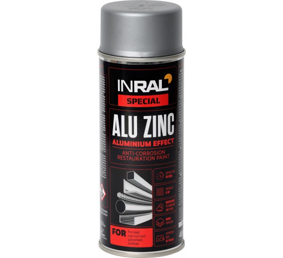 Dažai. Dažai, dažymo įrankiai, dažymo juostos. Aerozoliniai dažai, lakas, gruntas. Aerozoliniai dažai aliuminio INRAL ALU ZINC 400 ml 