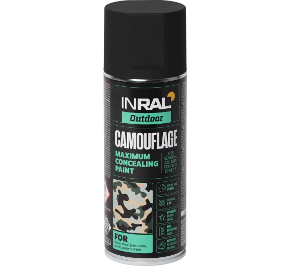Dažai. Dažai, dažymo įrankiai, dažymo juostos. Aerozoliniai dažai, lakas, gruntas. Aerozoliniai dažai Inral CAMOUFLAGE, deguto juoda 400 ml