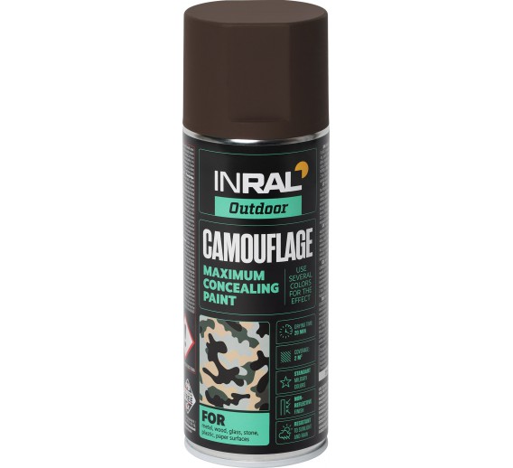 Dažai. Dažai, dažymo įrankiai, dažymo juostos. Aerozoliniai dažai, lakas, gruntas. Aerozoliniai dažai Inral CAMOUFLAGE, odos ruda 400 ml