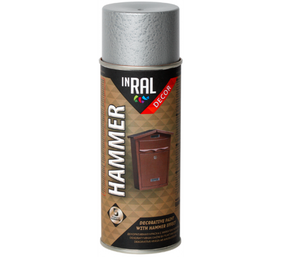 Dažai. Dažai, dažymo įrankiai, dažymo juostos. Aerozoliniai dažai, lakas, gruntas. Aerozoliniai dažai, INRAL DECOR HAMMER, sidabro, 400ml 
