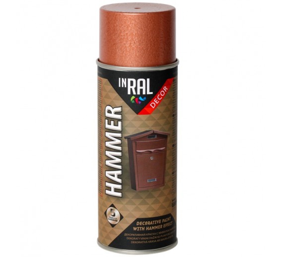 Dažai. Dažai, dažymo įrankiai, dažymo juostos. Aerozoliniai dažai, lakas, gruntas. Aerozoliniai dažai INRAL DECOR HAMMER varis 400ml