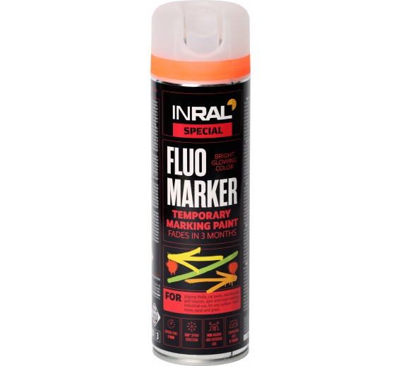 Dažai. Dažai, dažymo įrankiai, dažymo juostos. Aerozoliniai dažai, lakas, gruntas. Aerozolinis markeris FLUOMARKER INRAL 500ml raudona 