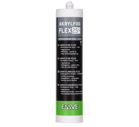 Vidaus apdailos prekės. Hermetikai, montavimo putos, sandarinimo juostos. Akriliniai hermetikai. Akrilas Essve Acryl Flex 25% baltas 300 ml 119013 