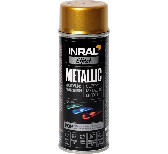 Dažai. Dažai, dažymo įrankiai, dažymo juostos. Aerozoliniai dažai, lakas, gruntas. Akrilinis lakas INRAL METALLIC 400ml aukso spalvos 