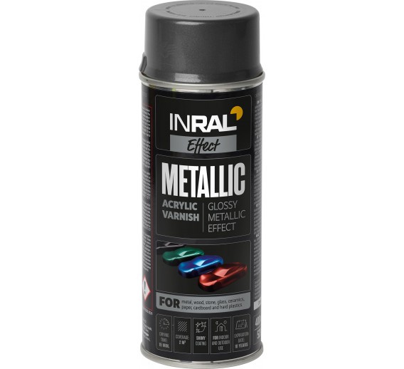 Dažai. Dažai, dažymo įrankiai, dažymo juostos. Aerozoliniai dažai, lakas, gruntas. Akrilinis lakas INRAL METALLIC 400ml grafito juoda sp.