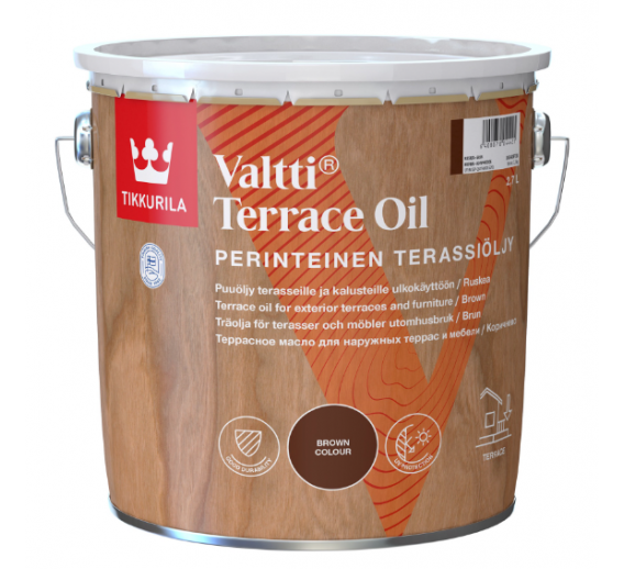 Dažai. Medienos apsaugos ir dekoravimo priemonės. Aliejus medienai. Aliejus medienai Tikkurila Valtti Terrace oil rudos sp. 2.7l 