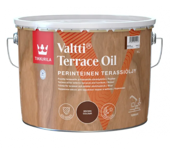 Dažai. Medienos apsaugos ir dekoravimo priemonės. Aliejus medienai. Aliejus medienai Tikkurila Valtti Terrace oil rudos sp. 9l 