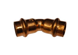 Santechnikos prekės. Vamzdynų sistemos. Vamzdžių sujungimo detalės. Varinės jungtys. Alkūnė CU press 45° 15 v/v