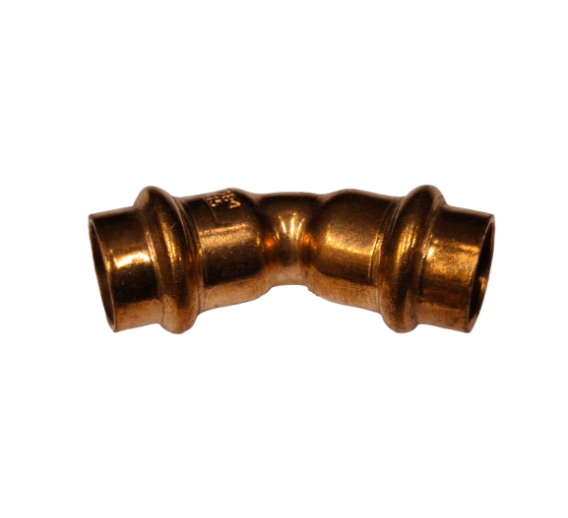 Santechnikos prekės. Vamzdynų sistemos. Vamzdžių sujungimo detalės. Varinės jungtys. Alkūnė CU press 45° 15 v/v