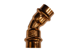 Santechnikos prekės. Vamzdynų sistemos. Vamzdžių sujungimo detalės. Varinės jungtys. Alkūnė CU press 45° D18 vid/vid