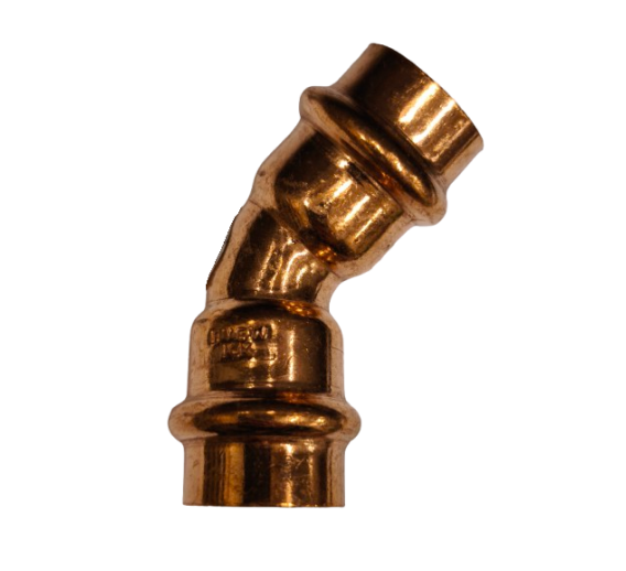 Santechnikos prekės. Vamzdynų sistemos. Vamzdžių sujungimo detalės. Varinės jungtys. Alkūnė CU press 45° D18 vid/vid