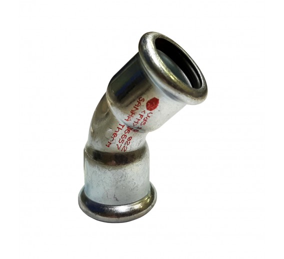 Santechnikos prekės. Vamzdynų sistemos. Vamzdžių sujungimo detalės. Cinkuotas, presuojamas plienas. Alkūnė Sanha 45 laipsnių, 22 mm v/v 
