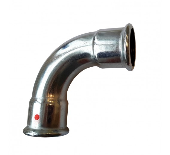 Santechnikos prekės. Vamzdynų sistemos. Vamzdžių sujungimo detalės. Cinkuotas, presuojamas plienas. Alkūnė Sanha 90 laipsnių, 42 mm v/v 