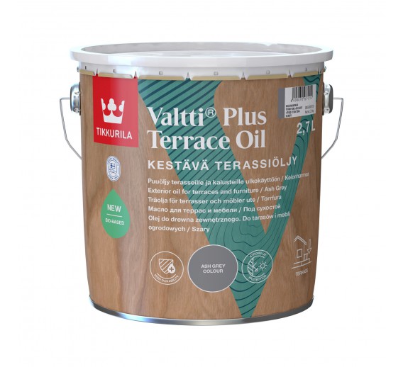 Dažai. Medienos apsaugos ir dekoravimo priemonės. Aliejus medienai. Alyva Tikkurilla VALTTI Plus Terrace Oil Ash Grey 2.7l 