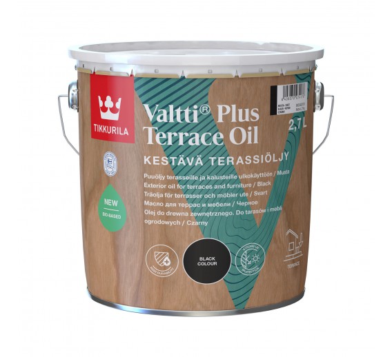Dažai. Medienos apsaugos ir dekoravimo priemonės. Aliejus medienai. Alyva Tikkurilla VALTTI Plus Terrace Oil Black 2.7l 
