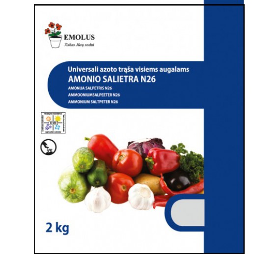 Sodo ir daržo prekės. Trąšos ir durpių substratai. Trąšos. Birios trąšos. Amonio salietra N26 2 kg 