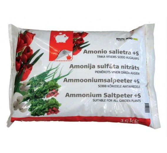 Sodo ir daržo prekės. Trąšos ir durpių substratai. Trąšos. Birios trąšos. Amonio salietra +s Baltic agro 15 kg 