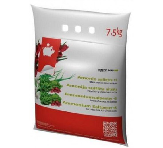 Sodo ir daržo prekės. Trąšos ir durpių substratai. Trąšos. Birios trąšos. Amonio salietra +s Baltic agro 7.5kg 