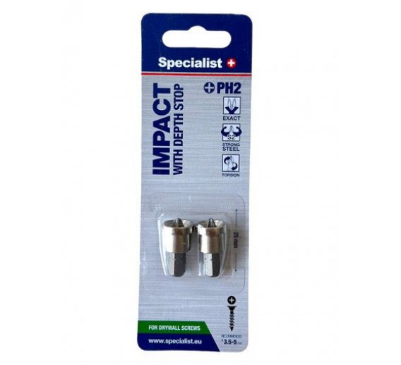 Darbo įrankiai. Mechaniniai įrankiai. Atsuktuvai, antgaliai. Sukimo antgaliai. Antgalis PH2x25mm su ribotuvu Specialist 