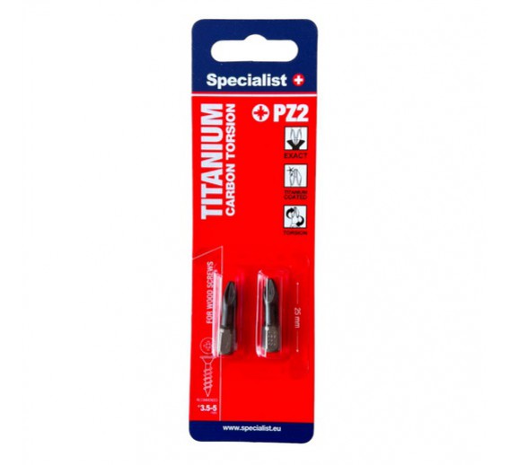 Darbo įrankiai. Mechaniniai įrankiai. Atsuktuvai, antgaliai. Sukimo antgaliai. Antgalis PZ2 x 25 mm Specialist Titanium 2 vnt. 