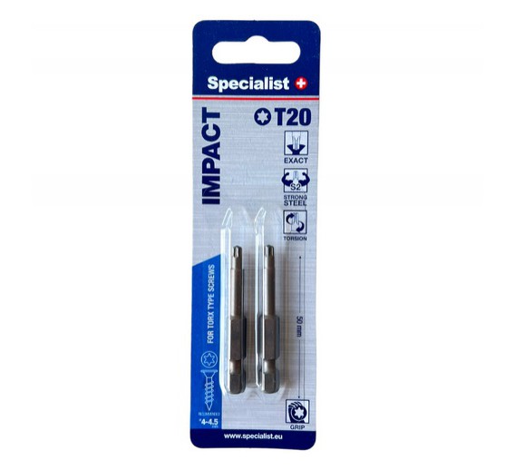 Darbo įrankiai. Mechaniniai įrankiai. Atsuktuvai, antgaliai. Sukimo antgaliai. Antgalis T20 Torx Grip 50mm Specialist 2vnt. 