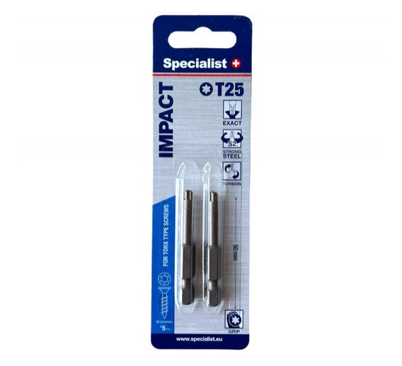 Darbo įrankiai. Mechaniniai įrankiai. Atsuktuvai, antgaliai. Sukimo antgaliai. Antgalis T25 Torx Grip 50mm Specialist 2vnt. 