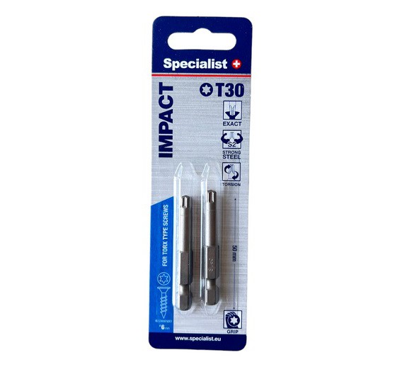 Darbo įrankiai. Mechaniniai įrankiai. Atsuktuvai, antgaliai. Sukimo antgaliai. Antgalis T30 Torx Grip 50mm Specialist 2vnt. 