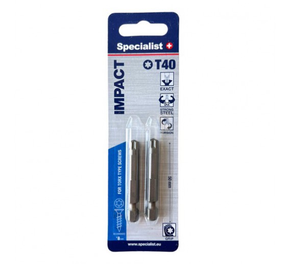 Darbo įrankiai. Mechaniniai įrankiai. Atsuktuvai, antgaliai. Sukimo antgaliai. Antgalis T40 Torx Grip 50mm Specialist 2vnt. 