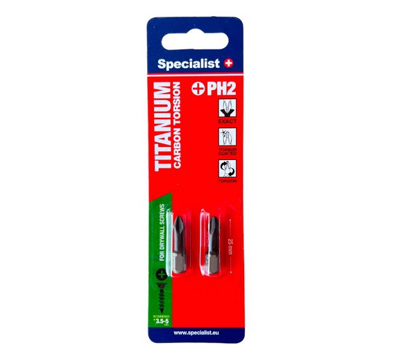 Darbo įrankiai. Mechaniniai įrankiai. Atsuktuvai, antgaliai. Sukimo antgaliai. Antgalis Titan Carbon PH2 x 25 mm Torsion Specialist 2vnt. 