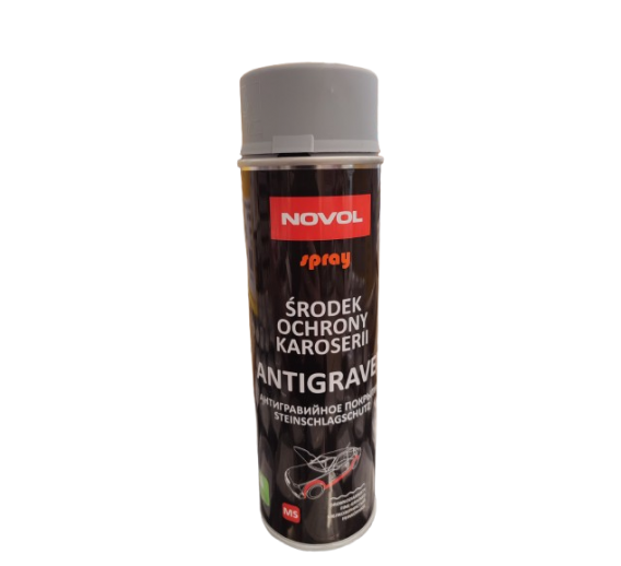 Dažai. Dažai, dažymo įrankiai, dažymo juostos. Aerozoliniai dažai, lakas, gruntas. Antikorozinė kėbulo danga Novol, 500ml, pilka 