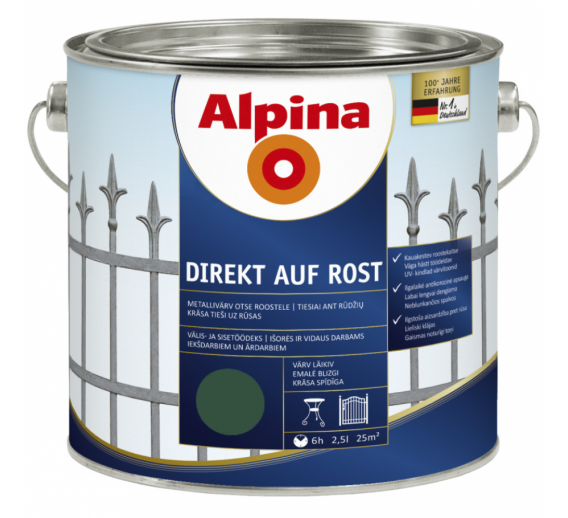 Dažai. Dažai, dažymo įrankiai, dažymo juostos. Metalo dažai. Antikoroziniai dažai metalui Direkt auf Rost 2,5l žalia sp 