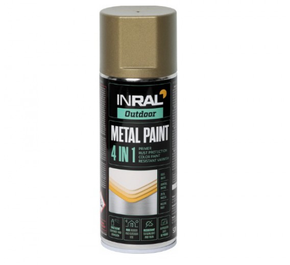 Dažai. Dažai, dažymo įrankiai, dažymo juostos. Aerozoliniai dažai, lakas, gruntas. Antikoroziniai metalo dažai INRAL 4in1, aukso sp. 400 ml 