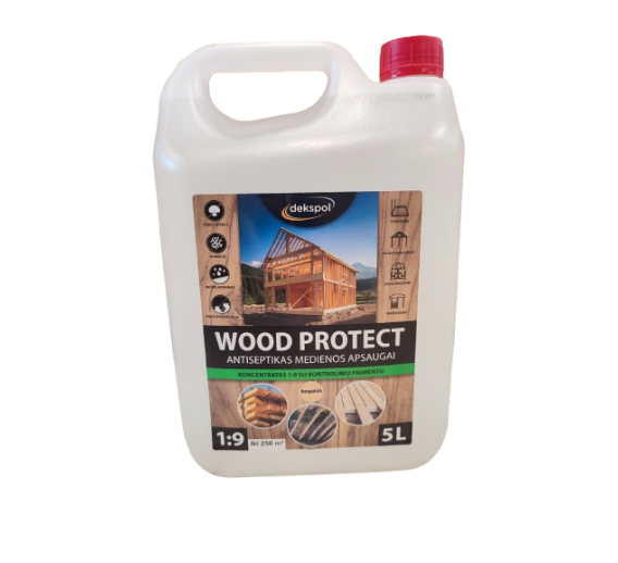 Dažai. Medienos apsaugos ir dekoravimo priemonės. Antiseptikai, balikliai. Antiseptikas Wood Protect bespalvis 5l 