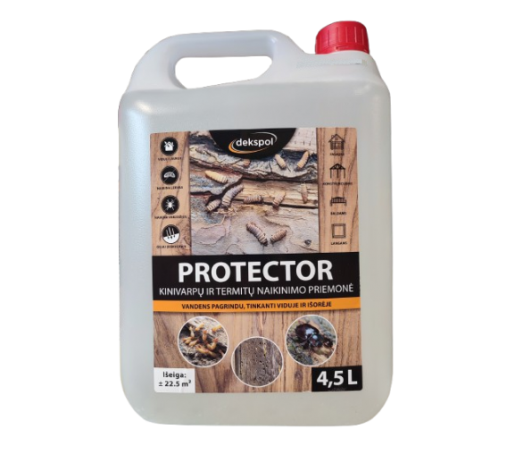 Dažai. Medienos apsaugos ir dekoravimo priemonės. Antiseptikai, balikliai. Apsauga nuo kinivarpų Protector 4.5l 