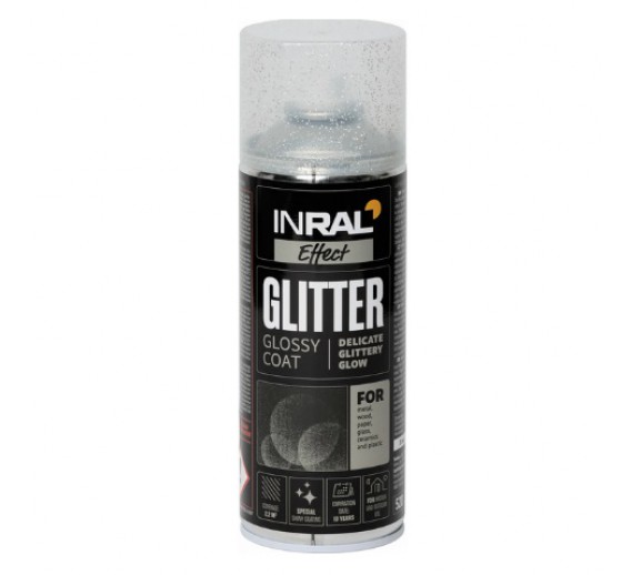 Dažai. Dažai, dažymo įrankiai, dažymo juostos. Aerozoliniai dažai, lakas, gruntas. Apsauginis lakas su blizgučiais INRAL Glitter 400 ml 