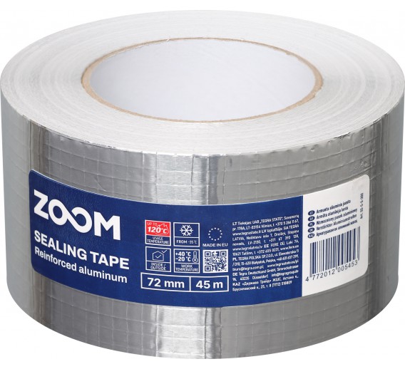 Vidaus apdailos prekės. Pakavimo, izoliacinės, lipnios juostos. Armuotos juostos, audinio juostos. Armuota aliuminio juosta ZOOM 72mm x 45m