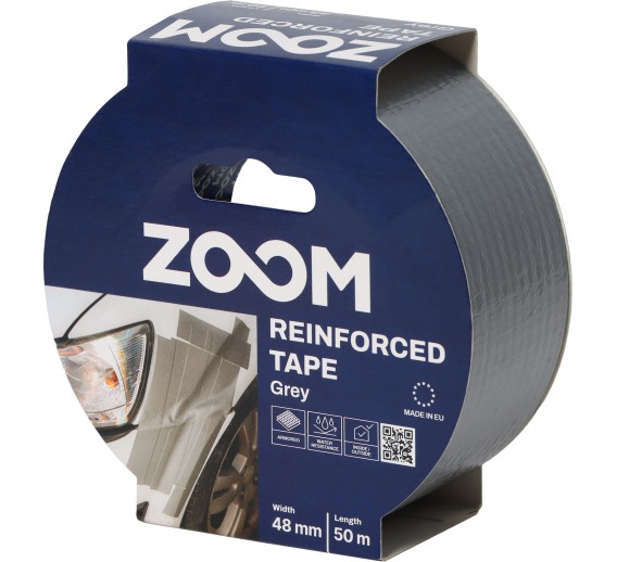 Vidaus apdailos prekės. Pakavimo, izoliacinės, lipnios juostos. Armuotos juostos, audinio juostos. Armuota juosta ZOOM 48mm x 50m pilka