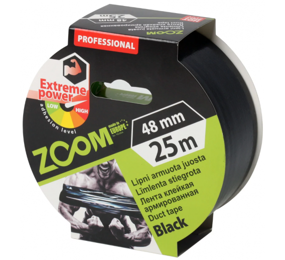 Vidaus apdailos prekės. Pakavimo, izoliacinės, lipnios juostos. Armuotos juostos, audinio juostos. Armuota juosta ZOOM 48x25mm juoda 