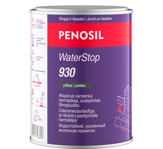 Vidaus apdailos prekės. Hermetikai, montavimo putos, sandarinimo juostos. Kiti hermetikai. Atsparus vandeniui hermetikas PENOSIL WATER STOP 930 