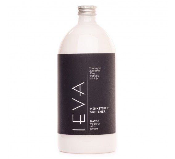 Švaros prekės. Skalbimo milteliai, skalbikliai, plovimo priemonės. Audinių minkštiklis IEVA mediena, oda, gintaras 1l