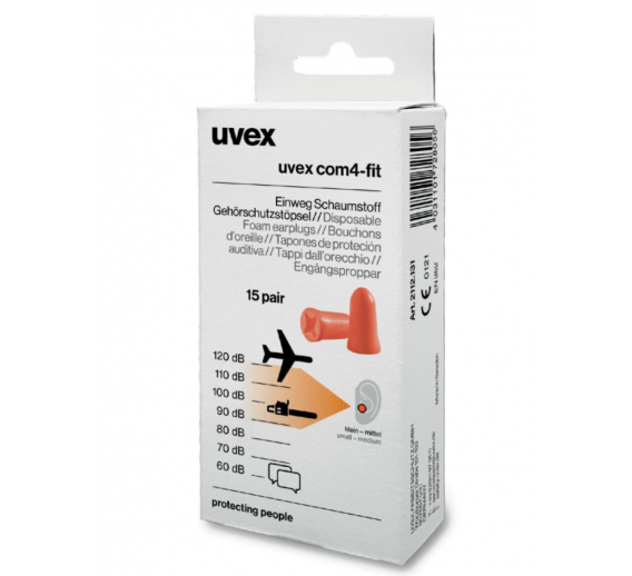 Darbo saugos prekės. Klausos apsaugos priemonės. Ausinės, ausų kamšteliai. Ausų kamštukai Uvex Com4-fit SNR 33 db. 15 porų 