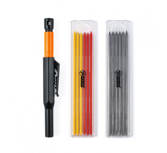 Darbo įrankiai. Mechaniniai įrankiai. Žymėjimo įrankiai - pieštukai, žymekliai, markeriai. Pieštukai. Automatinis pieštukas POLAX su drožtuku + 12 šerdelių 