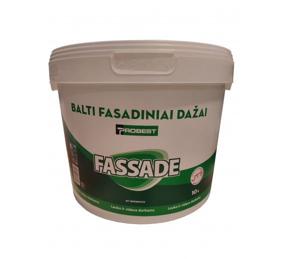 Dažai. Dažai, dažymo įrankiai, dažymo juostos. Fasadiniai dažai. Balti dažai PROBEST Fassade, 10l 