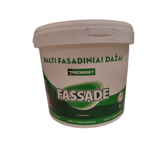 Dažai. Dažai, dažymo įrankiai, dažymo juostos. Fasadiniai dažai. Balti dažai PROBEST Fassade, 5l 