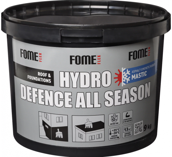 Statybinės medžiagos. Hidroizoliacinės medžiagos. Hidroizoliacinės mastikos ir mišiniai. Bituminė mastika FOME FLEX Hydro Defence All season 9kg 