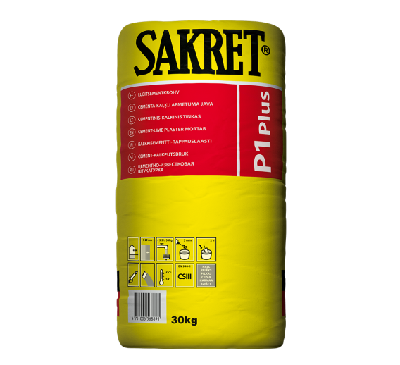 Statybinės medžiagos. Mišiniai. Cementinis ir molio tinkas. Cementinis kalkinis tinkas Sakret P1 Plus 30kg 
