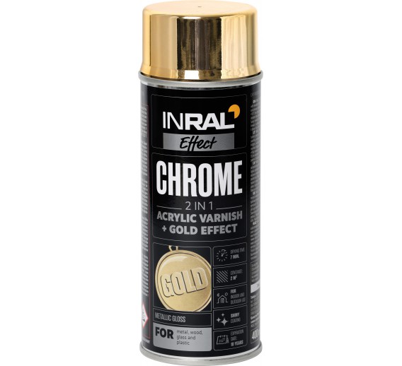 Dažai. Dažai, dažymo įrankiai, dažymo juostos. Aerozoliniai dažai, lakas, gruntas. Dažai aerozoliniai INRAL CHROME auksinis 400ml 