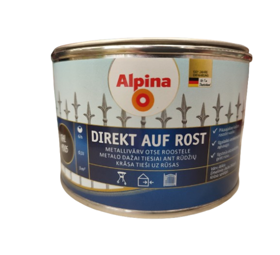 Dažai. Dažai, dažymo įrankiai, dažymo juostos. Metalo dažai. Dažai Direkt auf Rost juoda spalva 0,3l 