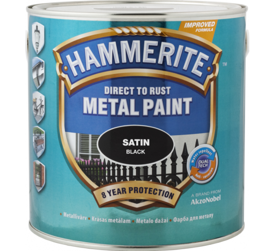 Dažai. Dažai, dažymo įrankiai, dažymo juostos. Metalo dažai. Dažai HAMMERITE SATIN 750ml juoda 